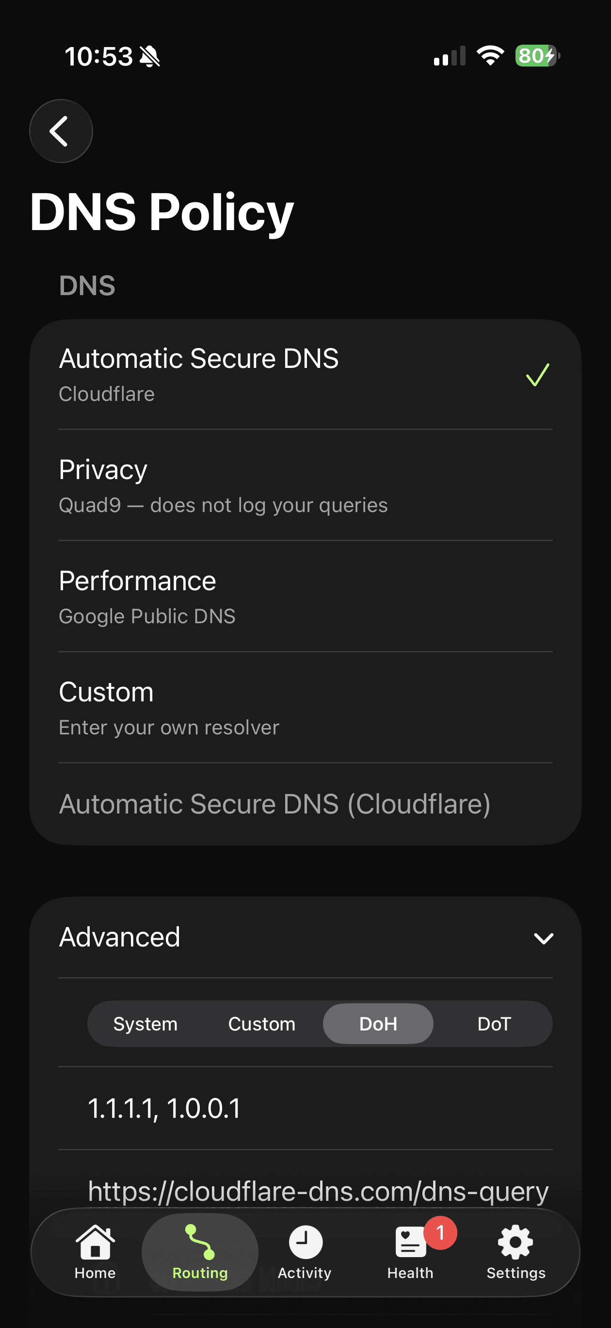 RouteBoss DNS Policy screen showing Automatic Secure DNS, Privacy, Performance, and Custom resolver options