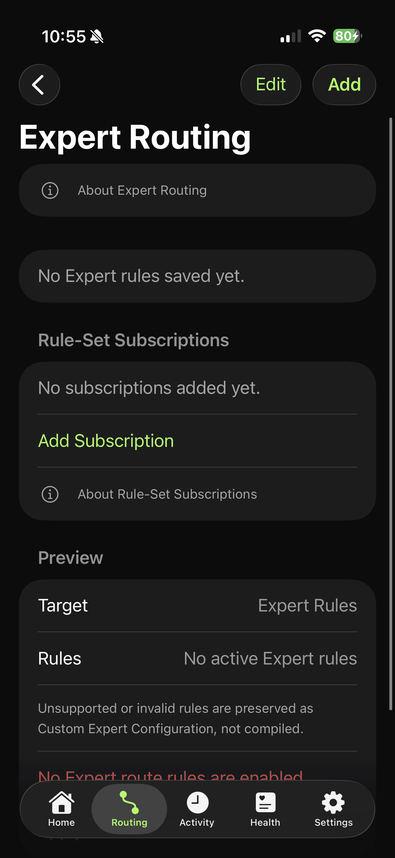 RouteBoss Expert Routing screen with rule-set subscriptions and a raw rule preview