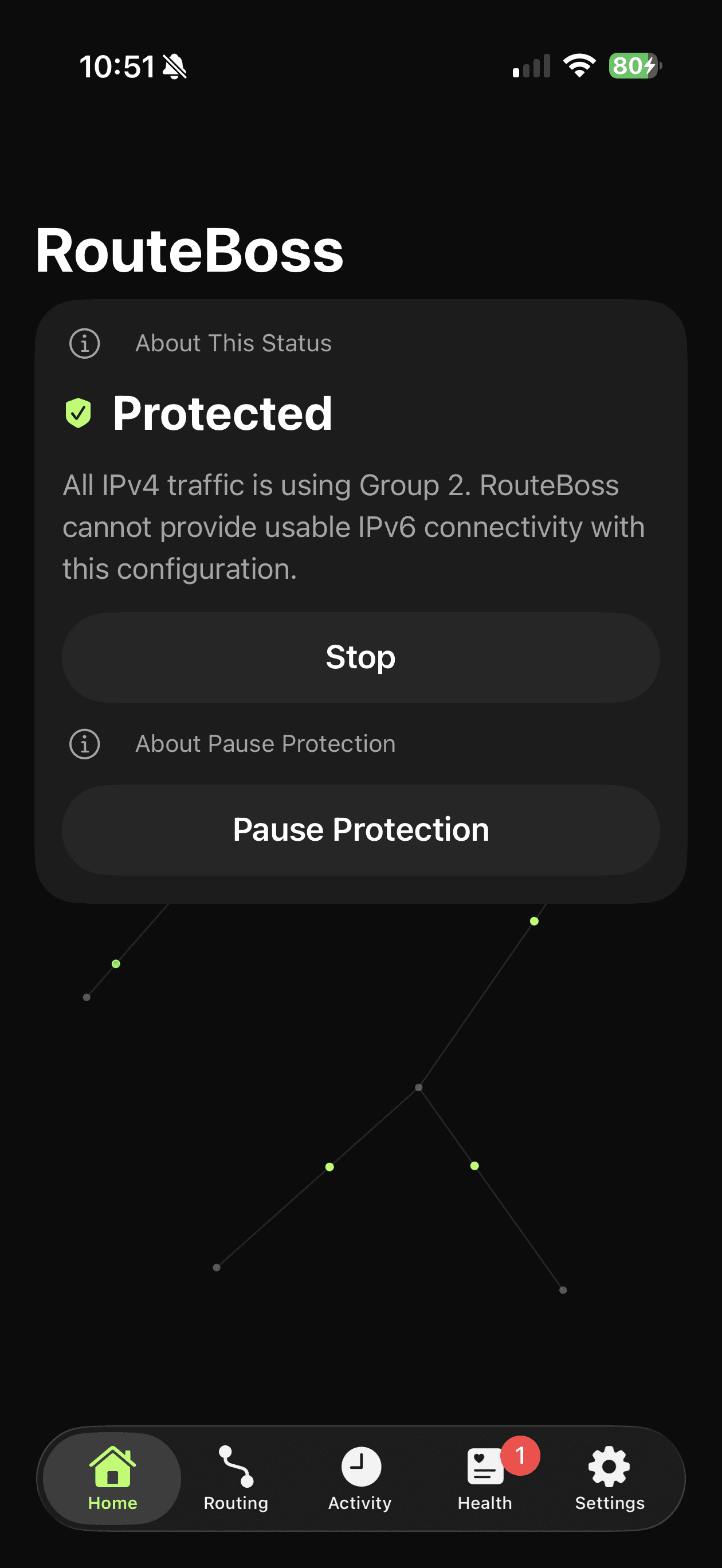RouteBoss home screen showing Protected status, all IPv4 traffic routed through Group 2