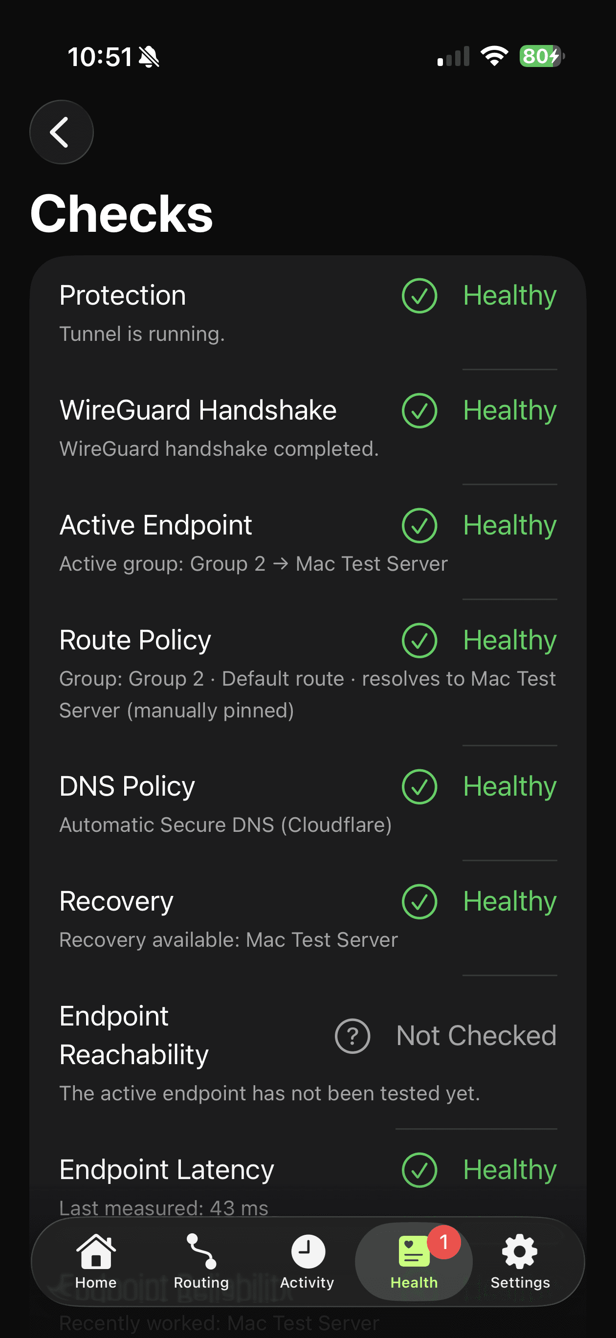 RouteBoss Checks screen showing Protection, WireGuard Handshake, Active Endpoint, Route Policy, and DNS Policy all Healthy