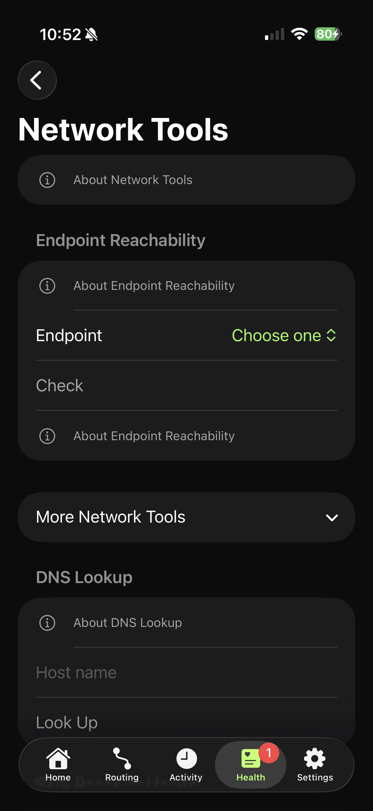 RouteBoss Network Tools screen showing Endpoint Reachability and DNS Lookup