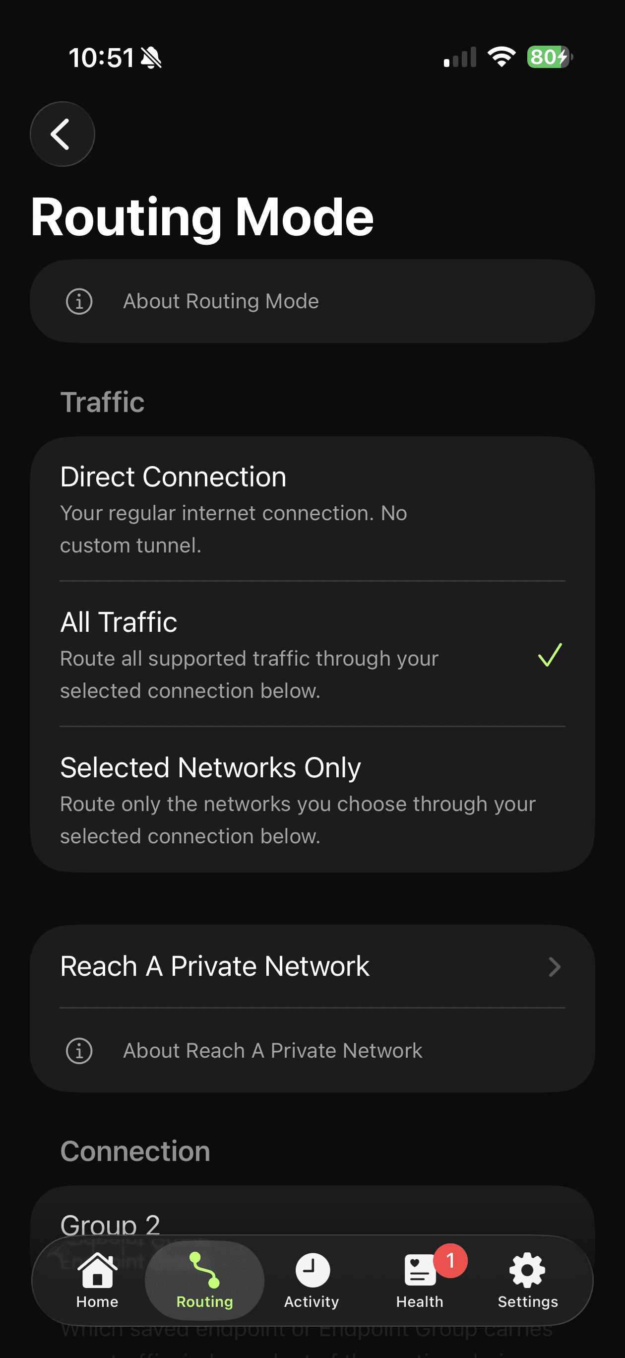 RouteBoss Routing Mode screen showing Direct Connection, All Traffic, and Selected Networks Only options