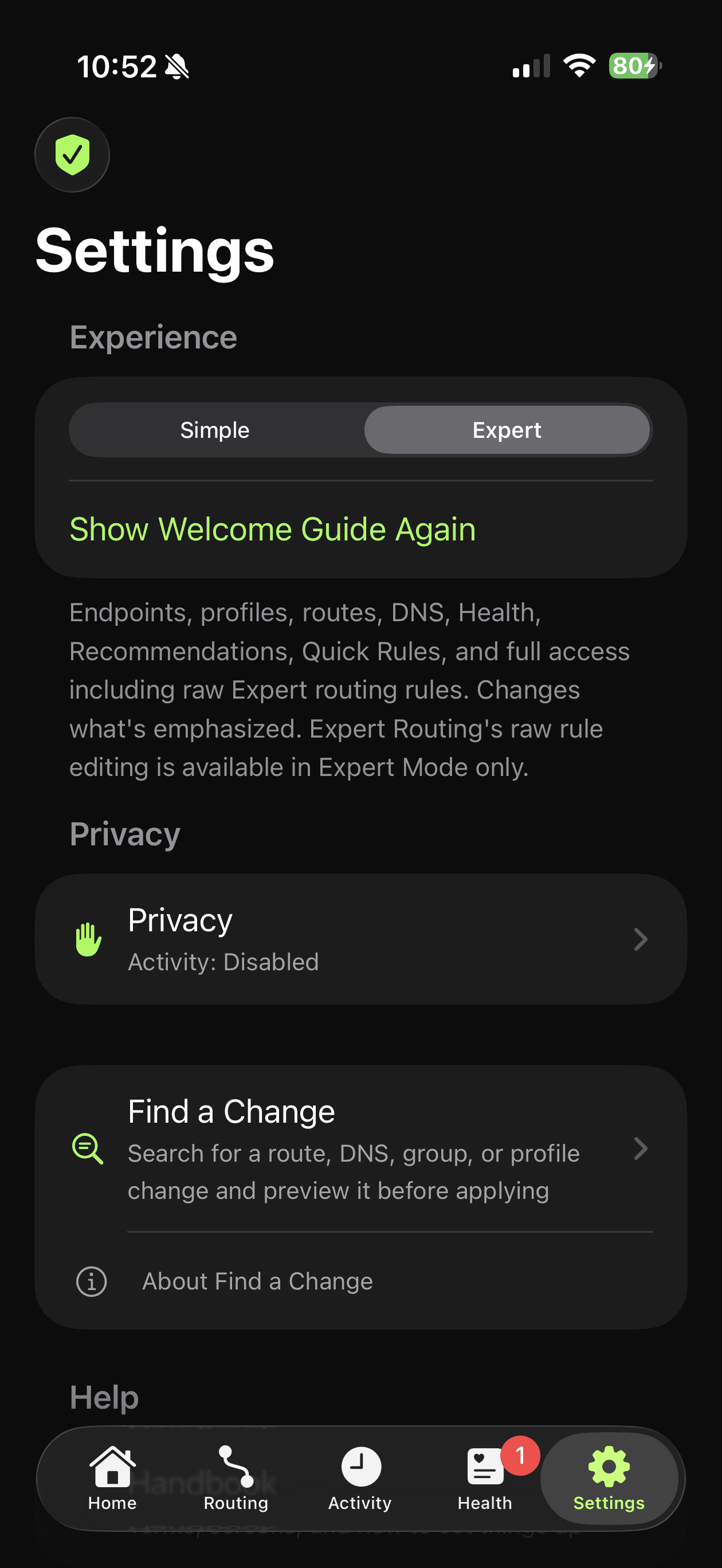 RouteBoss Settings screen with an Experience toggle set to Expert