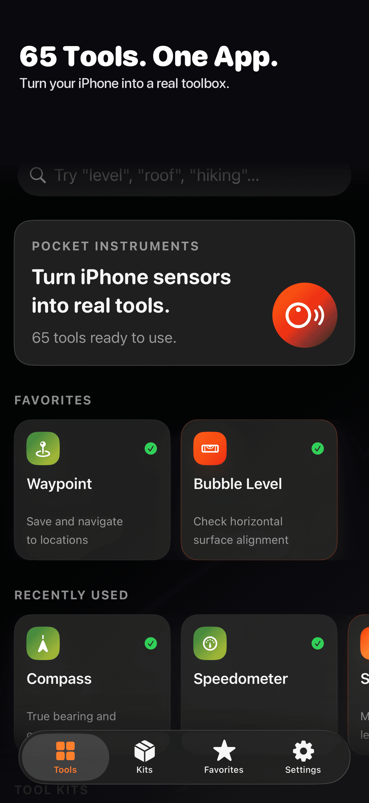 Tooliverse home screen showing 65 tools ready to use
