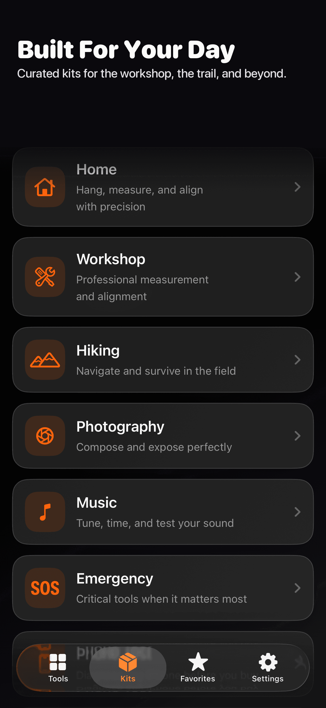 Tooliverse Kits screen with Home, Workshop, Hiking, Photography, Music, and Emergency kits