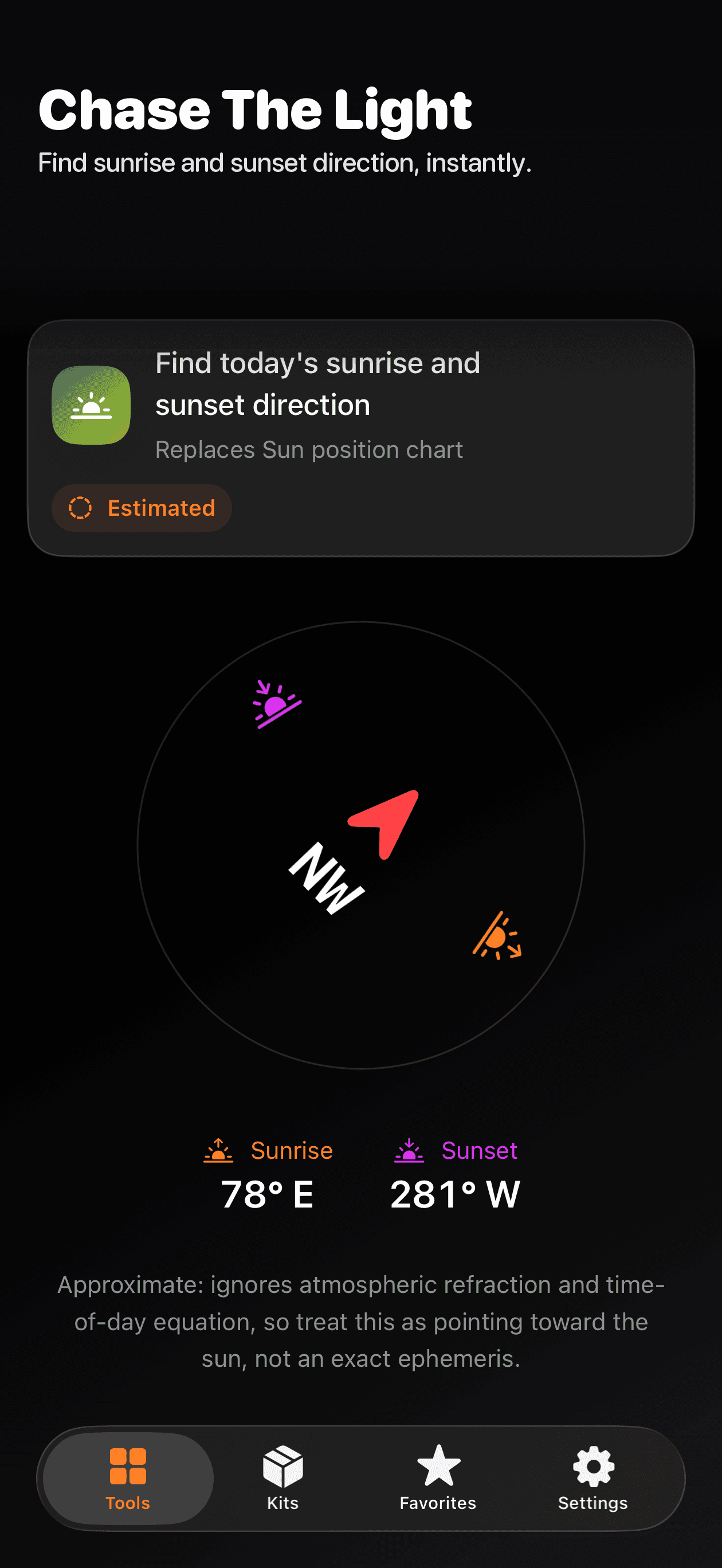 Sun Finder tool screen