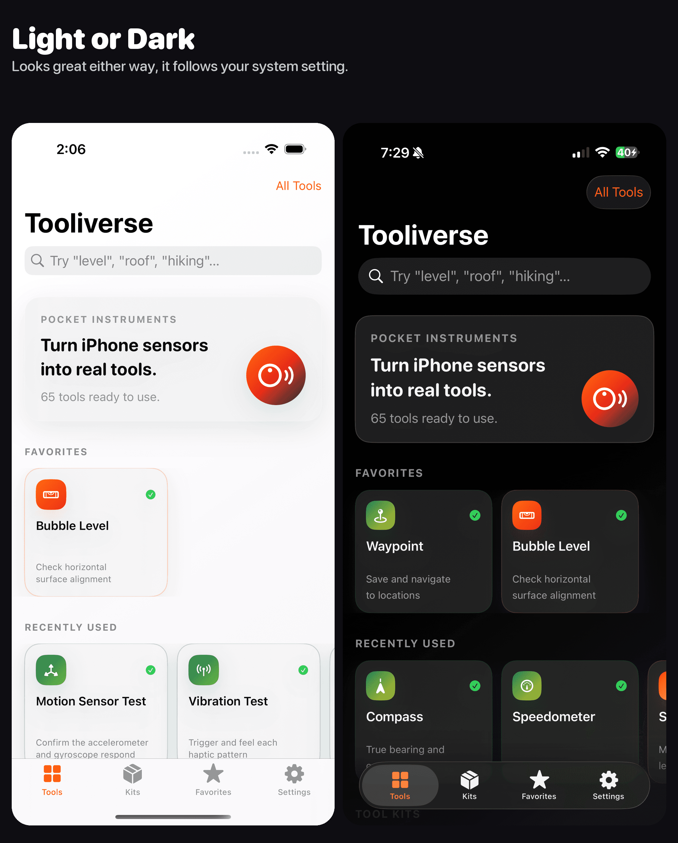 Tooliverse home screen shown side by side in light and dark mode